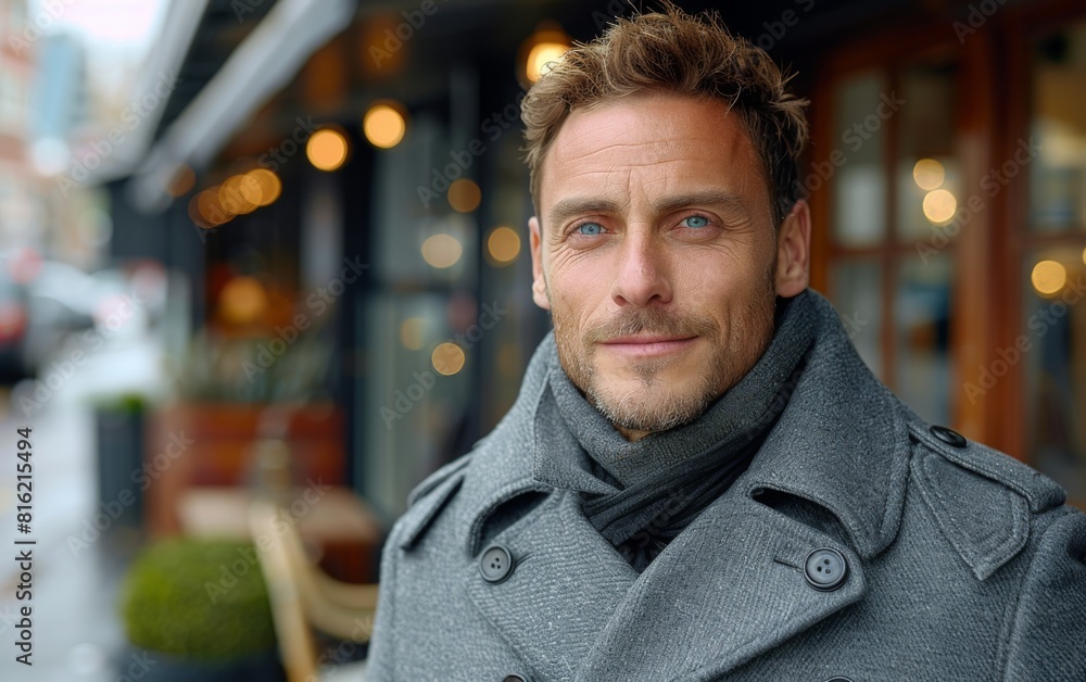 A man in a grey coat is standing in front of a restaurant building A man in a grey coat is standing in front of a restaurant building