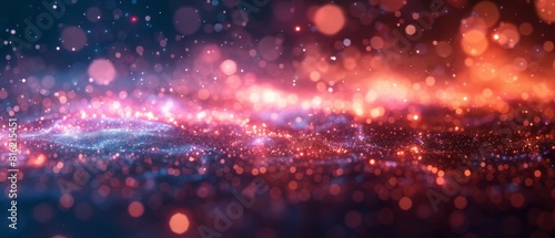 Abstract dark background with bokeh and tiny particles of sparkles  explosion  and swirls of confetti.