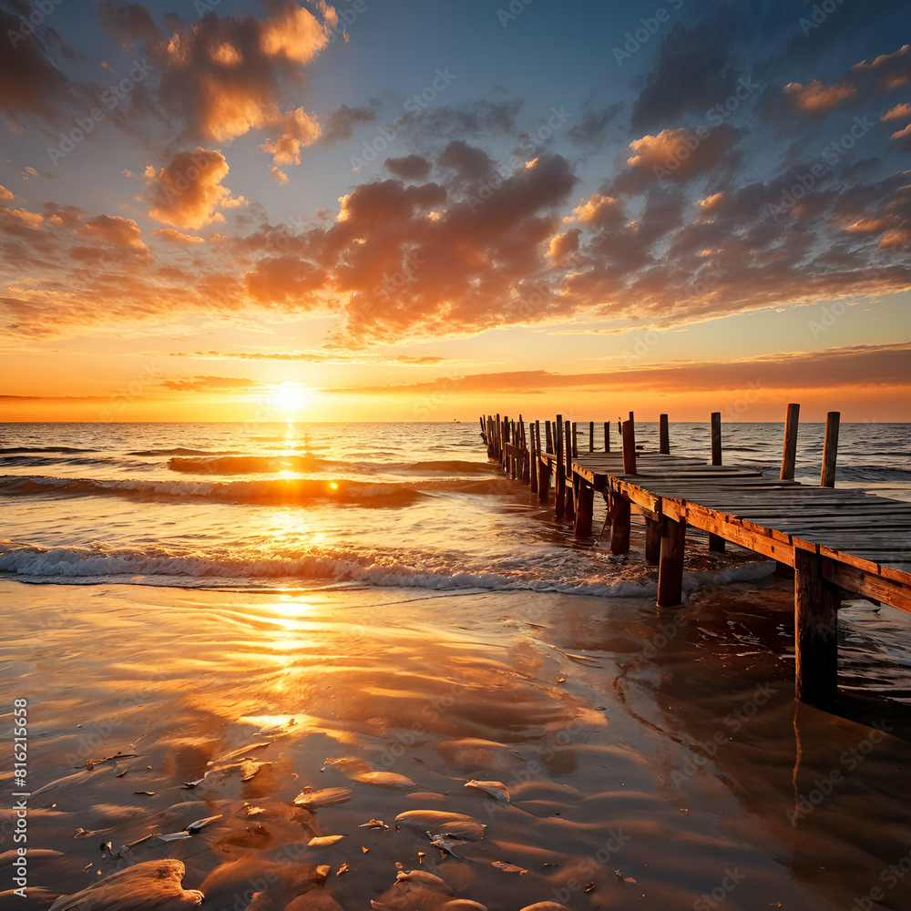 Obraz premium Steg der ins Wasser verläuft bei Sonnenuntergang