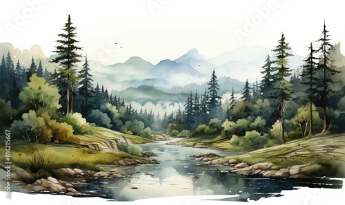 Watercolor flat design side view forest theme 3D render Monochromatic Color Scheme