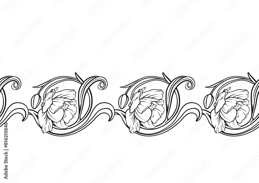 Fototapeta premium Terri Tulip flowers, decorative flowers and leaves in art nouveau style, vintage, old, retro style. Seamless pattern, background. Vector illustration.