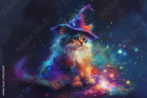 Whimsical Multicolored Anime Cat Casting Magical Spells in a Starry Scene