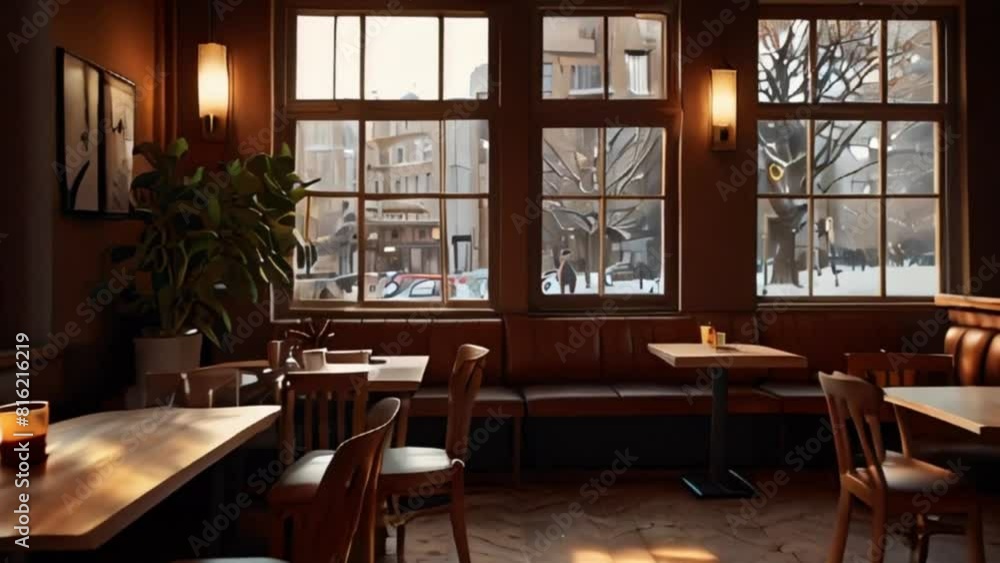 Cafe Interior with Large Windows, Wooden Tables, and Sunlight Streaming In Cafe Interior with Large Windows, Wooden Tables, and Sunlight Streaming In