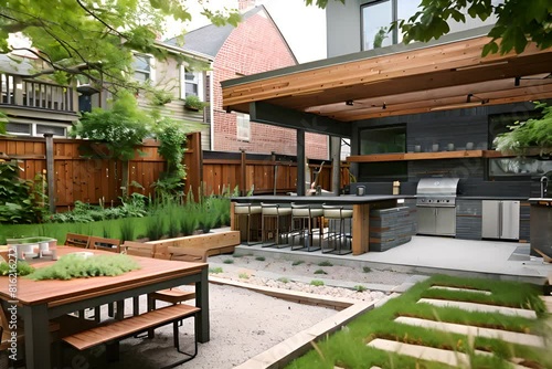 Modern outdoor kitchen patio with wooden elements and lush garden