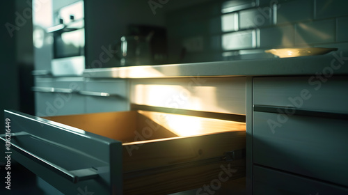 Opened empty drawer in light kitchen   Generative AI