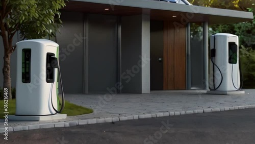 Home Electric Vehicle Charging Station with Solar Panels photo