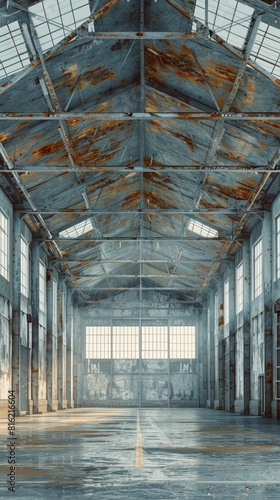 Abandoned warehouse displaying rust-covered ceilings and windows in a state of disrepair