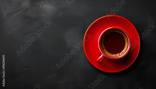 Red cup with aromatic coffee on black background, top view