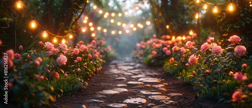 It is a cozy romantic garden with roses  garlands  and lanterns.