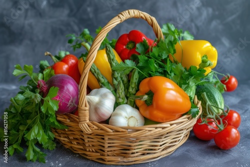 Wicker basket overflowing with colorful fresh vegetables on a dark background