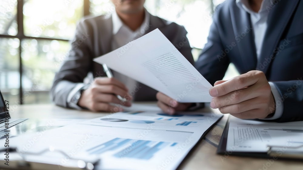 Discussing tax financial contract documents with a broad group of professional colleagues at a meeting in the workplace. Discussing tax financial contract documents with a broad group of professional colleagues at a meeting in the workplace.