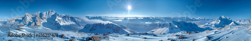 Majestic Snow Covered Mountain Range Under Bright Sunlight in Panoramic View