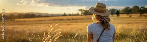 Woman Wearing Hat Enjoying Sunset in Open Field with Tall Grass and Trees