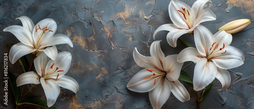 A white lily is displayed against a gold background on an old concrete wall.