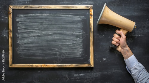 hand with a megaphone in front of an empty blackboard