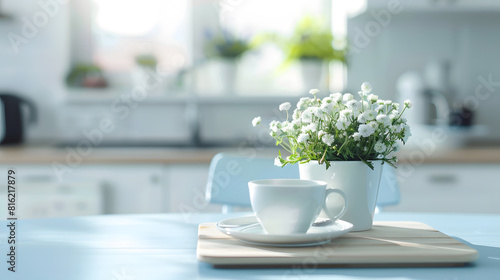 Wallpaper Mural Wooden blue table top with flower pot plate and cup for breakfast against blurred white kitchen with cutting board in scandinavian style in morning light : Generative AI Torontodigital.ca