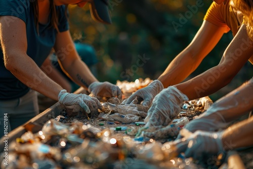 Three people are working together to sort through trash. They are wearing gloves and seem to be focused on the task at hand photo