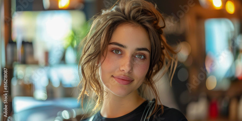Young Woman With Messy Hair Smiling in a Cozy Coffee Shop