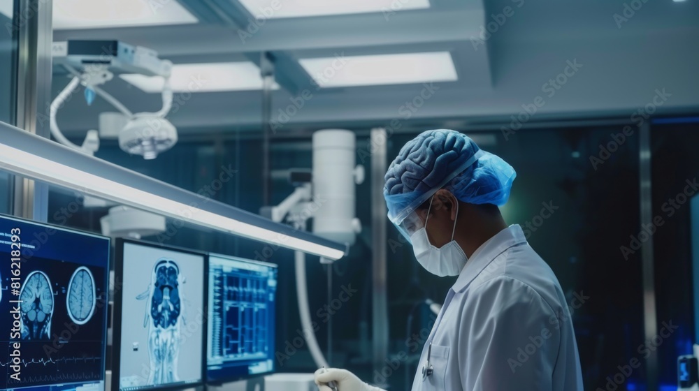 Doctor surgeon and neurologist checking brain testing result and medical diagnosis and examine patient brain with Science and technology, Doctor surgeon and neurologist checking brain testing result and medical diagnosis and examine patient brain with Science and technology,