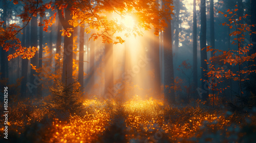 Autumn Forest in the Morning Sunrise