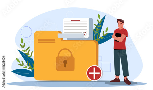 An illustrated man standing next to a large folder with a padlock, signifying data security, on a light abstract background. Flat cartoon vector illustration