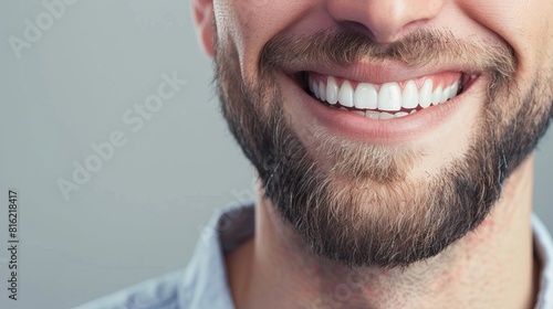 Happy man with perfect teeth smiling on grey background, closeup. Illustration of dental implant 