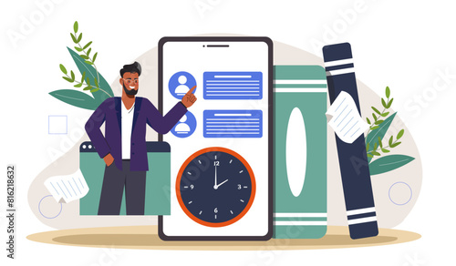 A man with stylized mobile interface elements and office supplies on a light background, vector illustration concept of organization