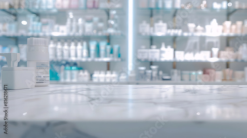 Empty white marble counter top with blur pharmacy drugstore shelves background : Generative AI