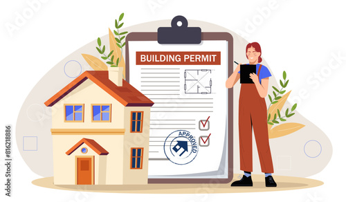 An animated woman checking a building permit clipboard next to a house, with a simple background, concept of construction approval. Flat vector illustration