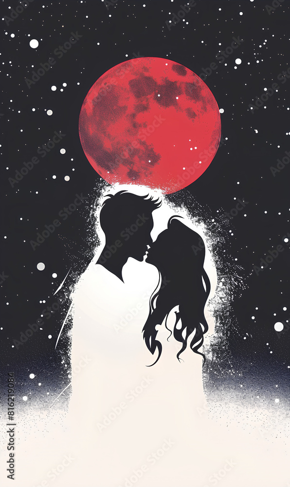 The red moon is shining brightly, casting its light on the couple as they kiss under it. The man wears white robes and his hair shines like stars in the night sky. The red moon is shining brightly, casting its light on the couple as they kiss under it. The man wears white robes and his hair shines like stars in the night sky.