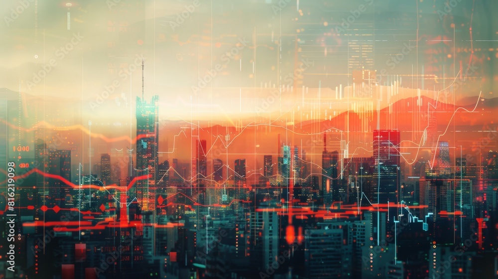 Economic crisis concept shown by declining graphs and digital indicators overlap modernistic city background. Double exposure. Economic crisis concept shown by declining graphs and digital indicators overlap modernistic city background. Double exposure.