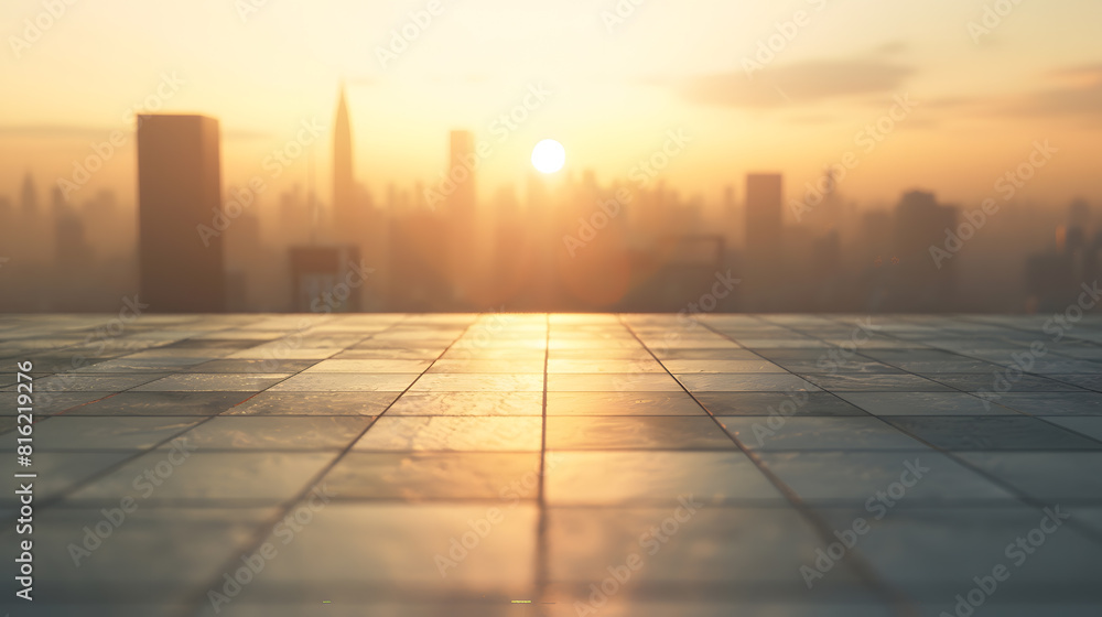 Empty square floor with city skyline at sunset : Generative AI Empty square floor with city skyline at sunset : Generative AI