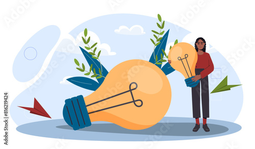 Sad woman with an extinguished light bulbs, symbolizing a discarded idea. Despair and frustration from unfulfilled creativity. Vector illustration
