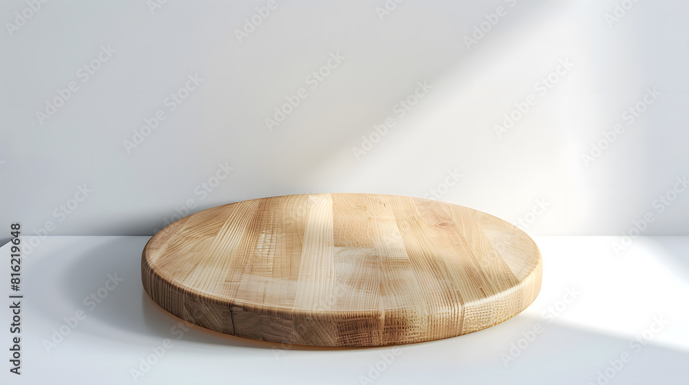 Empty beautiful round wood table top counter on interior in clean and bright with shadow background Readywhite background for product montage : Generative AI Empty beautiful round wood table top counter on interior in clean and bright with shadow background Readywhite background for product montage : Generative AI
