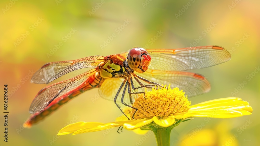 Illustration of a red dragonfly sitting on a yellow flower with a blurred background. Illustration of a red dragonfly sitting on a yellow flower with a blurred background.