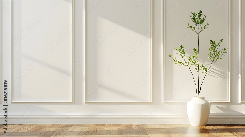 White classic wall background brown parquet floor home furniture detail frame and vase of plant : Generative AI