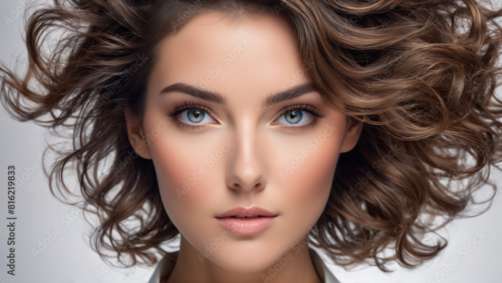Voluminous woman with lifting hair spray bouncy hold weightless particles wind swept effect portrait Voluminous woman with lifting hair spray bouncy hold weightless particles wind swept effect portrait