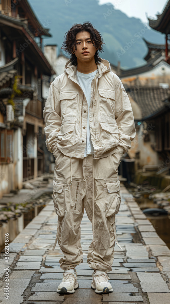 Fototapeta premium Spring 2024 new fashion men's clothing, real shots, Chinese male model,generative ai