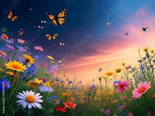Nature background a vibrant spring meadow filled with blooming wildflowers  buzzing bees  and butterflies fluttering above the colorful blooms night sky