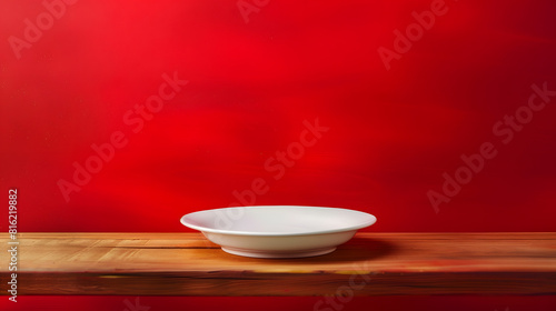 Empty white plate on wooden table over red grunge background : Generative AI