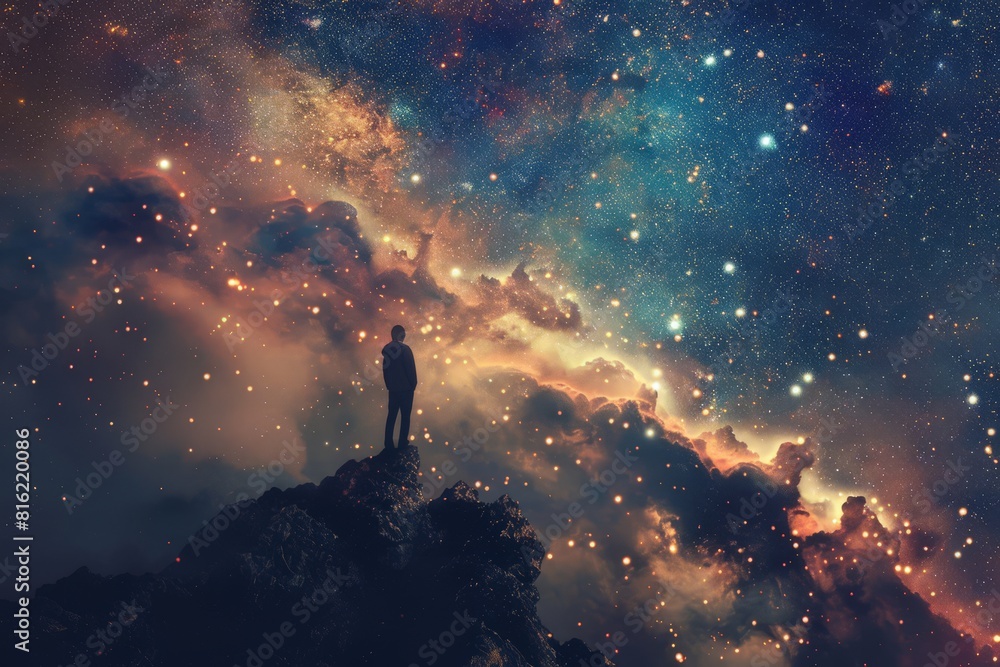 Person standing on peak under cosmic sky. Stargazing and observation concept. Adventure and discovery. Design for poster, wallpaper. Person standing on peak under cosmic sky. Stargazing and observation concept. Adventure and discovery. Design for poster, wallpaper.