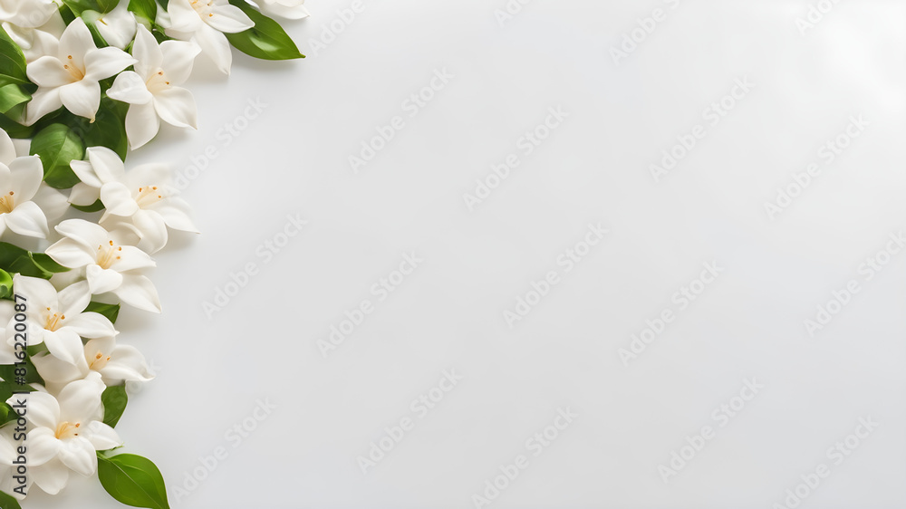 Fototapeta premium Jasmine blossom flowers in corner on Blank White Empty Background Copy Space, Generative AI illustration