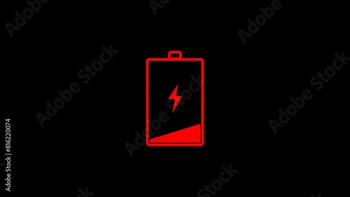 Digital low battery charging status indicator animation on Alpha Channel. No energy, warning, critical level. Technologies concept. Device. Battery status indicator.	

