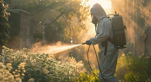 Pesticide applicator using a spray to apply pest control chemicals made with Ai generative technology
 photo