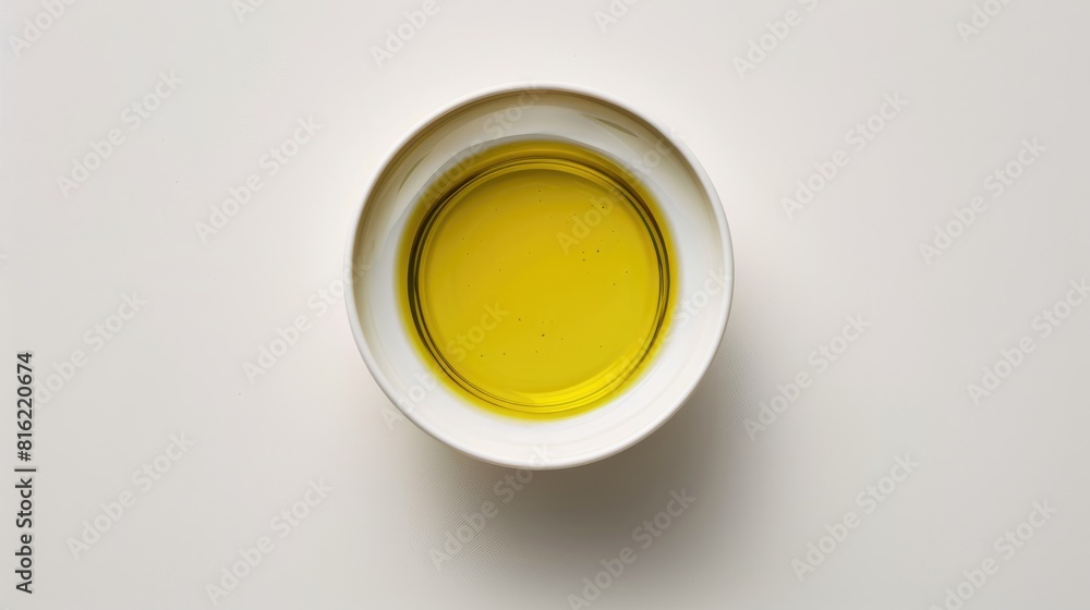 Close up image of a solitary white bowl with olive oil on a white backdrop Close up image of a solitary white bowl with olive oil on a white backdrop
