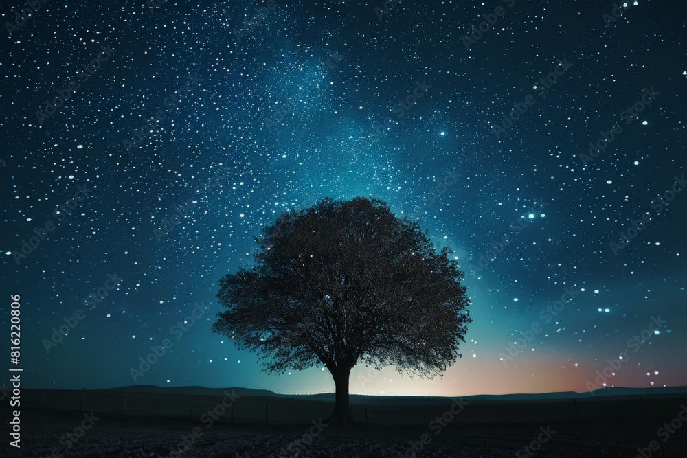 Lone tree under a starry night sky. Stargazing and observation concept. Summer adventure and discovery. Design for banner, poster, wallpaper. Lone tree under a starry night sky. Stargazing and observation concept. Summer adventure and discovery. Design for banner, poster, wallpaper.