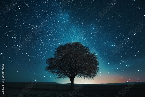 Lone tree under a starry night sky. Stargazing and observation concept. Summer adventure and discovery. Design for banner  poster  wallpaper.
