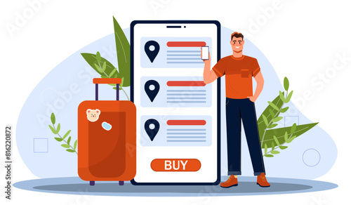 A man with a suitcase next to a large smartphone depicting travel booking options on a light blue background, concept of online travel booking. Flat vector illustration.