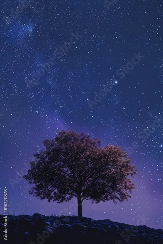 Lone tree under a starry night sky. Stargazing and observation concept. Summer adventure and discovery. Design for banner  poster  wallpaper. Beautiful astrophotography with copy space
