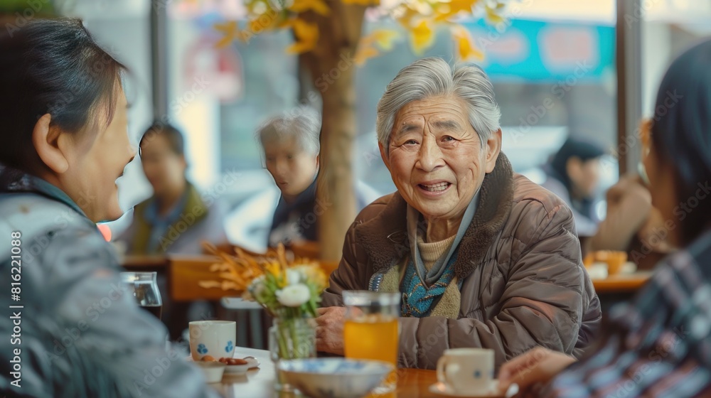 This charming senior Asian couple shares genuine smiles at the cafe, a picture of happiness and lasting connection. Ai generated This charming senior Asian couple shares genuine smiles at the cafe, a picture of happiness and lasting connection. Ai generated